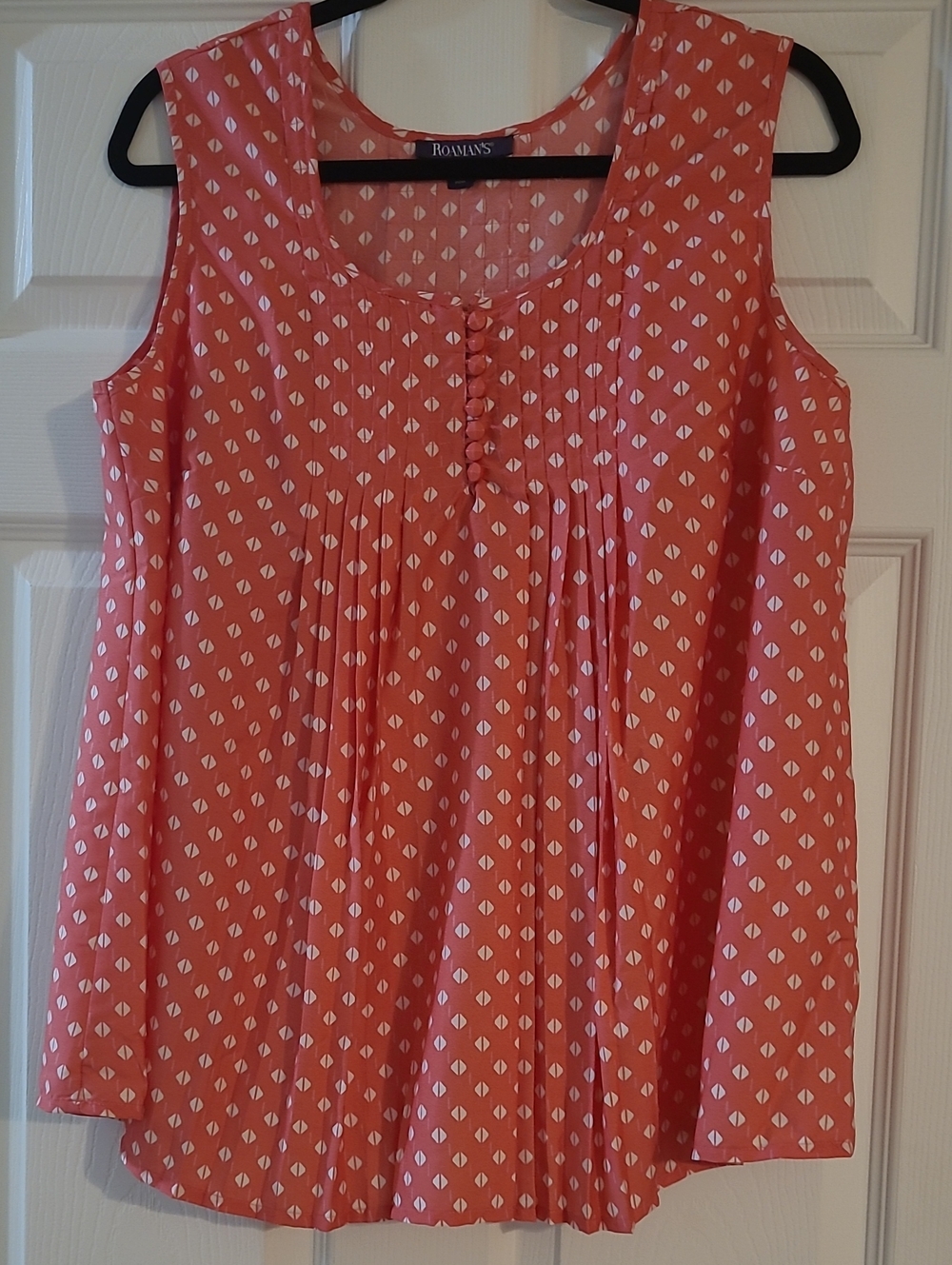 Roaman's Coral Sleeveless Pleated Camisole with White Geometric Print